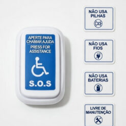 Botão SOS sem fio com comunicação via radiofrequência para instalação na parede de quartos e sanitários destinados a pcd e pne