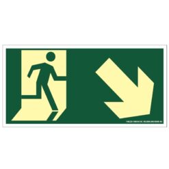 Placa de Sinalização Fotoluminescente de Rota de Fuga e Evacuação Tipo Descida a Direita com Boneco e Seta, código AFS6
