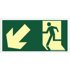 Placa de Sinalização Fotoluminescente de Rota de Fuga e Evacuação Tipo Descida a Esquerda com Boneco e Seta, código AFS7