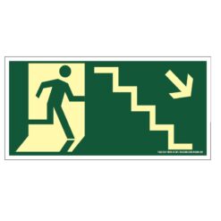 Placa de Sinalização Fotoluminescente de Rota de Fuga e Evacuação Tipo Desça a Escada a Direita com Boneco e Seta, código AFS8
