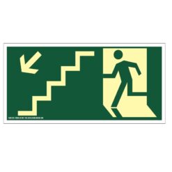 Placa de Sinalização Fotoluminescente de Rota de Fuga e Evacuação Tipo Desça a Escada a Esquerda com Boneco e Seta, código AFS9